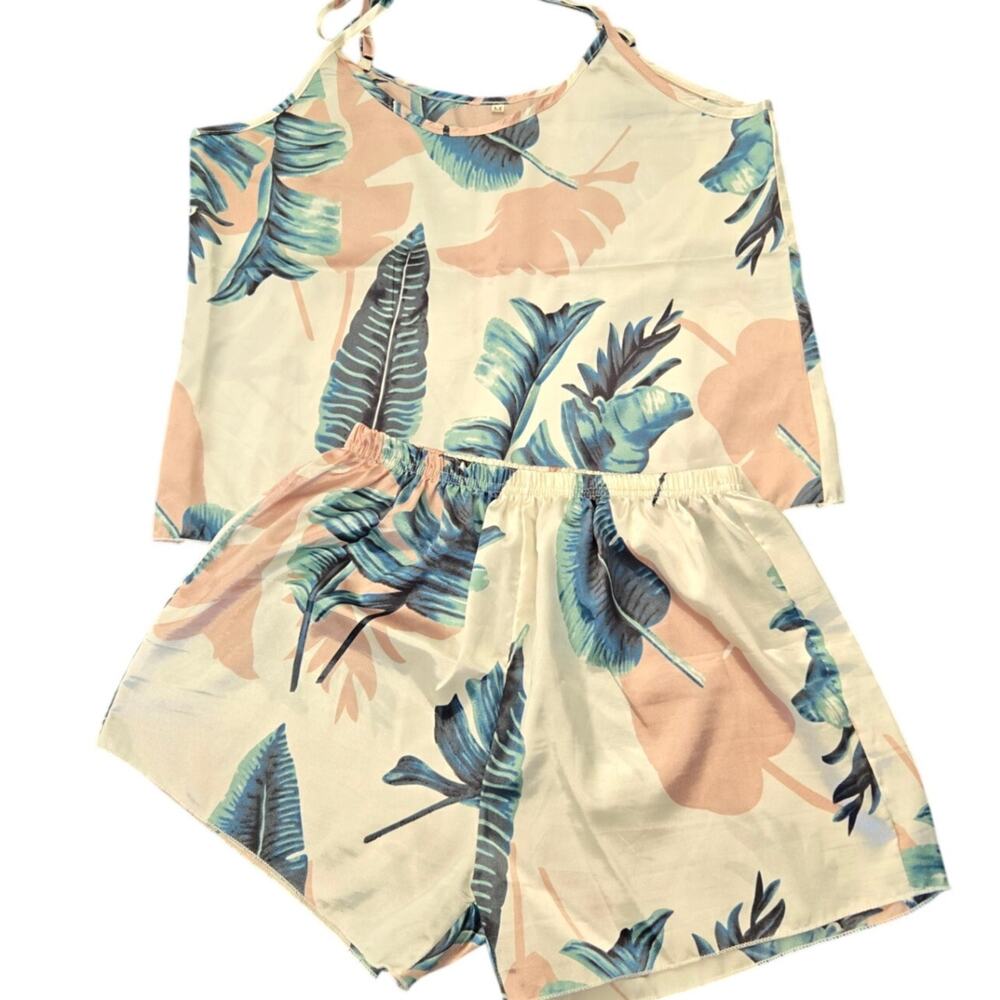 Tropical Leaf Comfy Chic Pajama Set Green Pink Cami/Shorts Two-Piece Sleepwear M